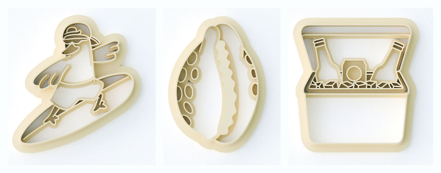 Beach Days clay cutter set: surfing seagull, cowrie shell, and beer cooler