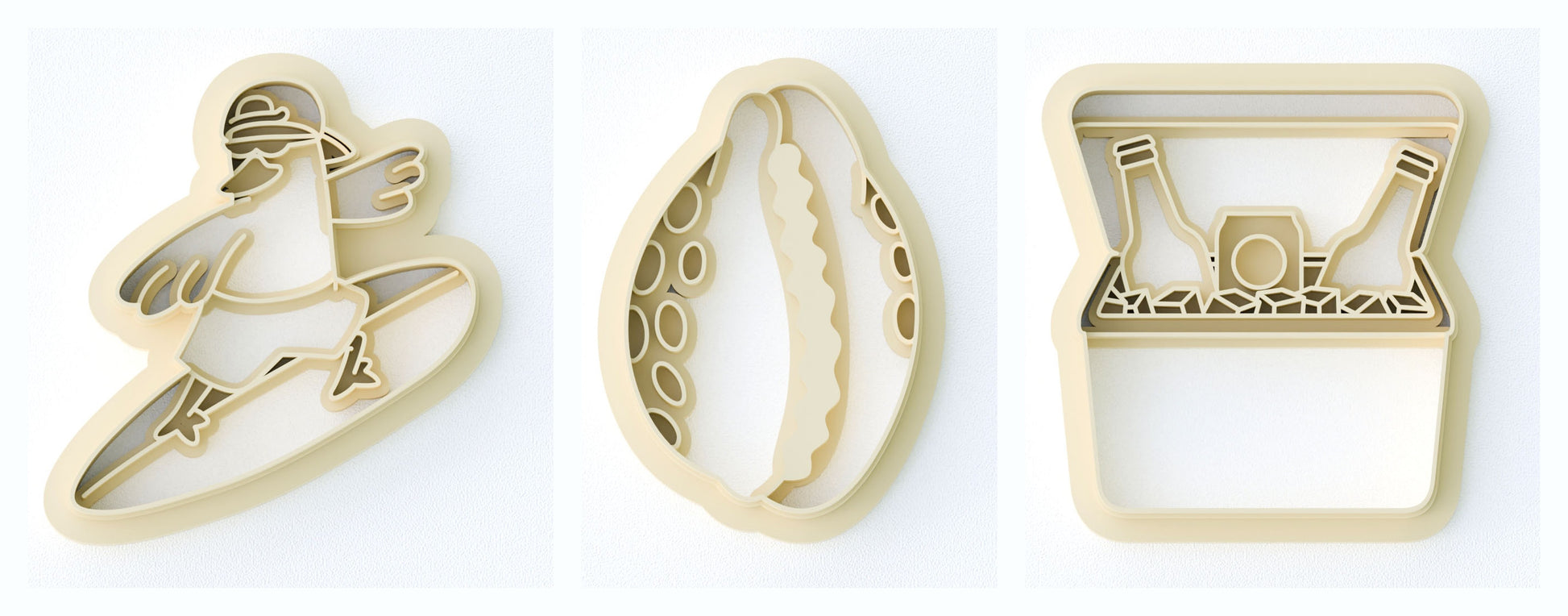 Beach Days clay cutter set: surfing seagull, cowrie shell, and beer cooler